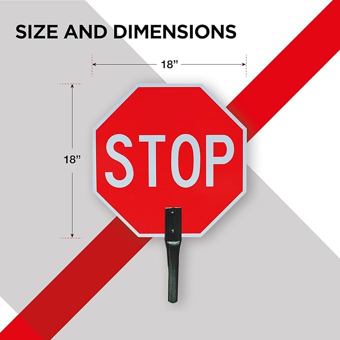 Red stop sign with a black stand on a white background