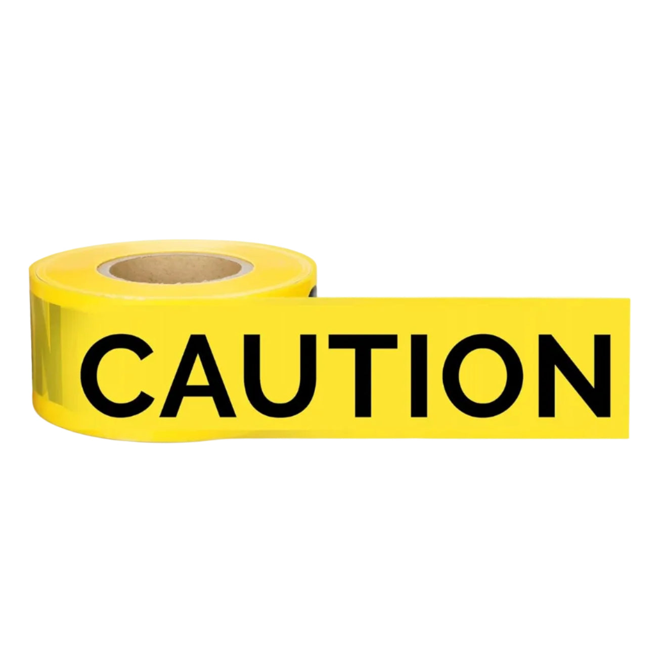 Roll of yellow caution tape with black text on a white background