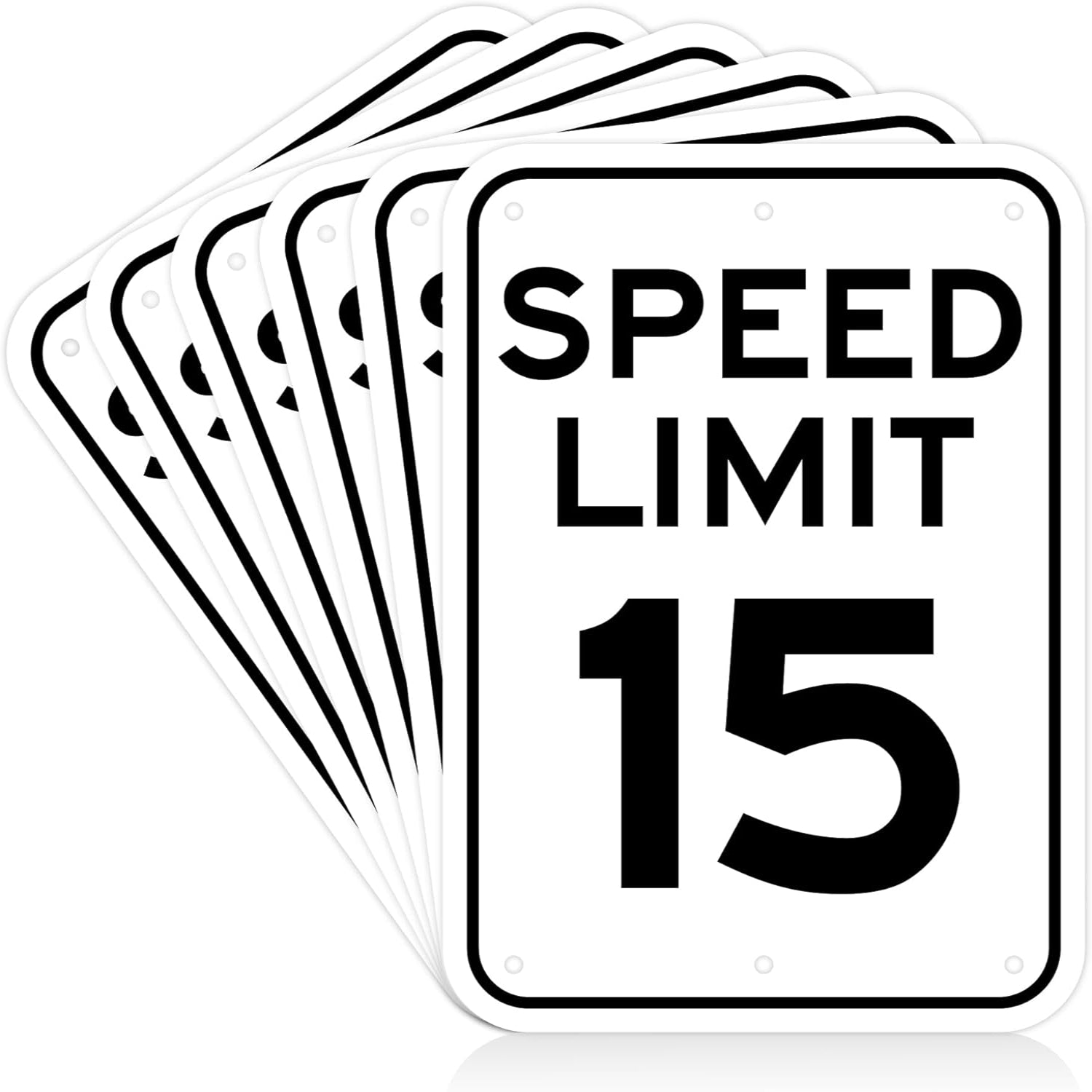 Multiple 'SPEED LIMIT 15' signs stacked on a white background