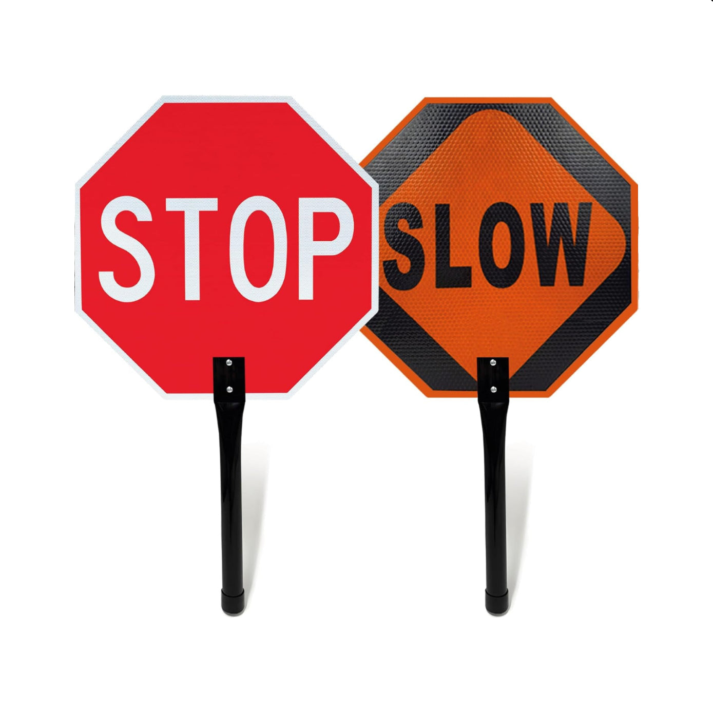 Two sides of a stop / slow paddle sign, one red with 'STOP' and one orange with 'SLOW', on white background.