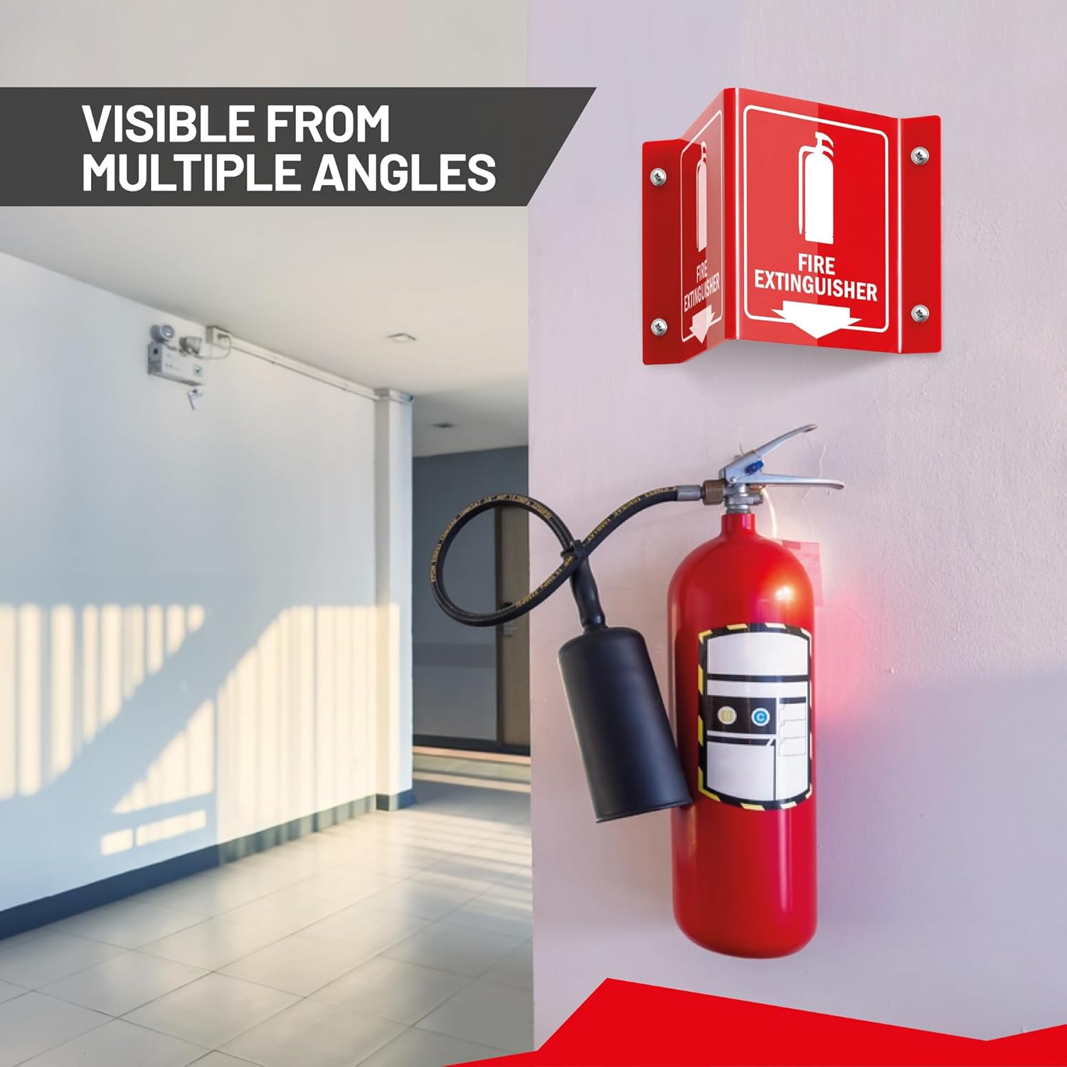 Red fire extinguisher signs with white text on a white background