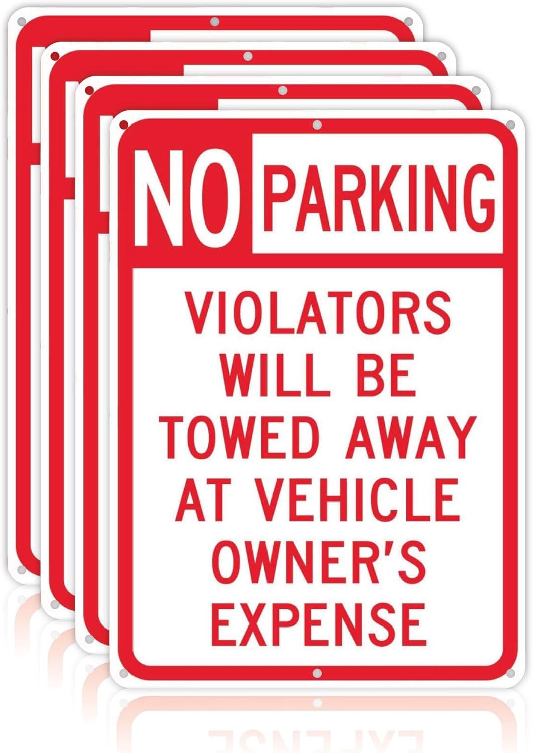 Multiple 'No Parking' signs with additional text on a reflective surface.