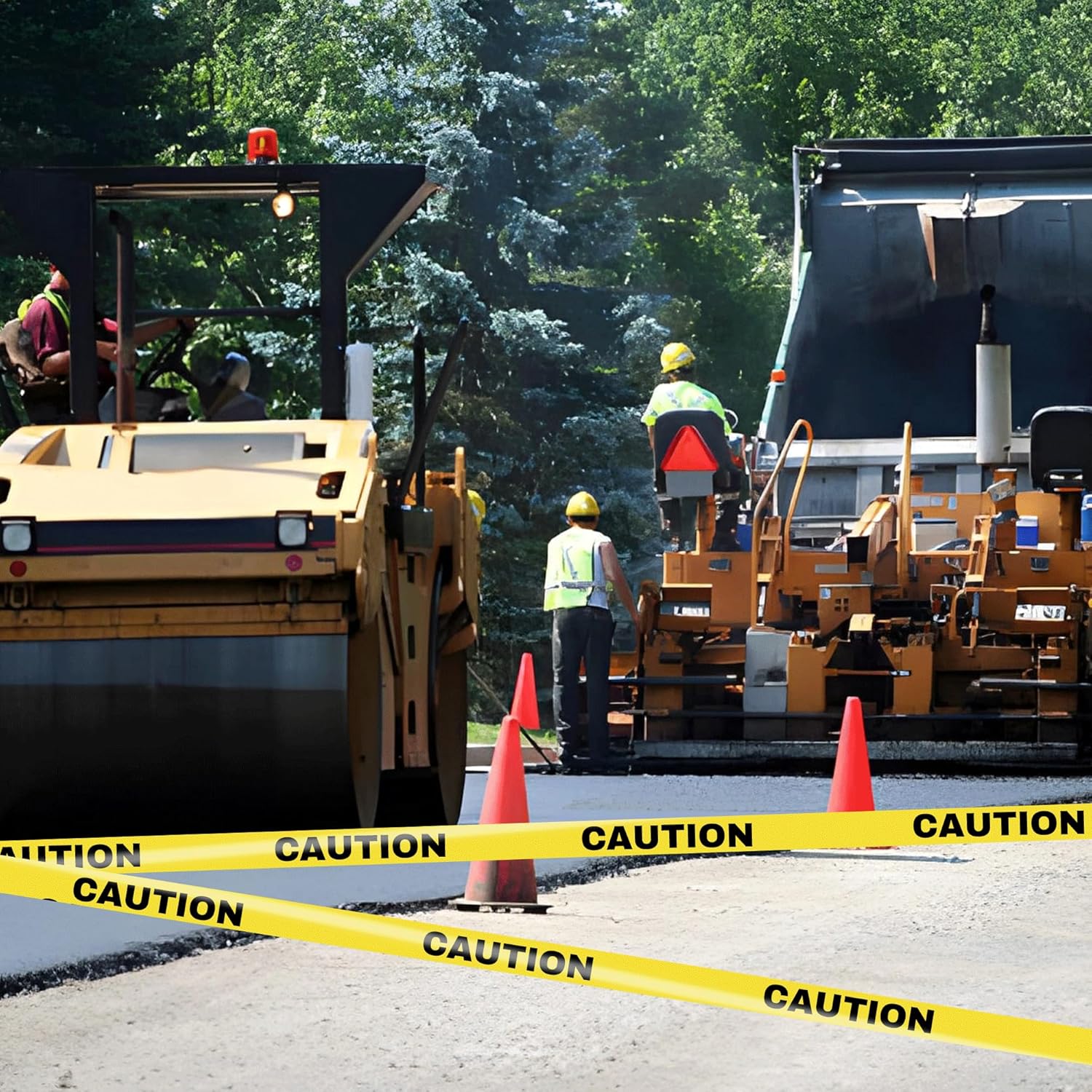 Roll of yellow caution tape with black text on a white background