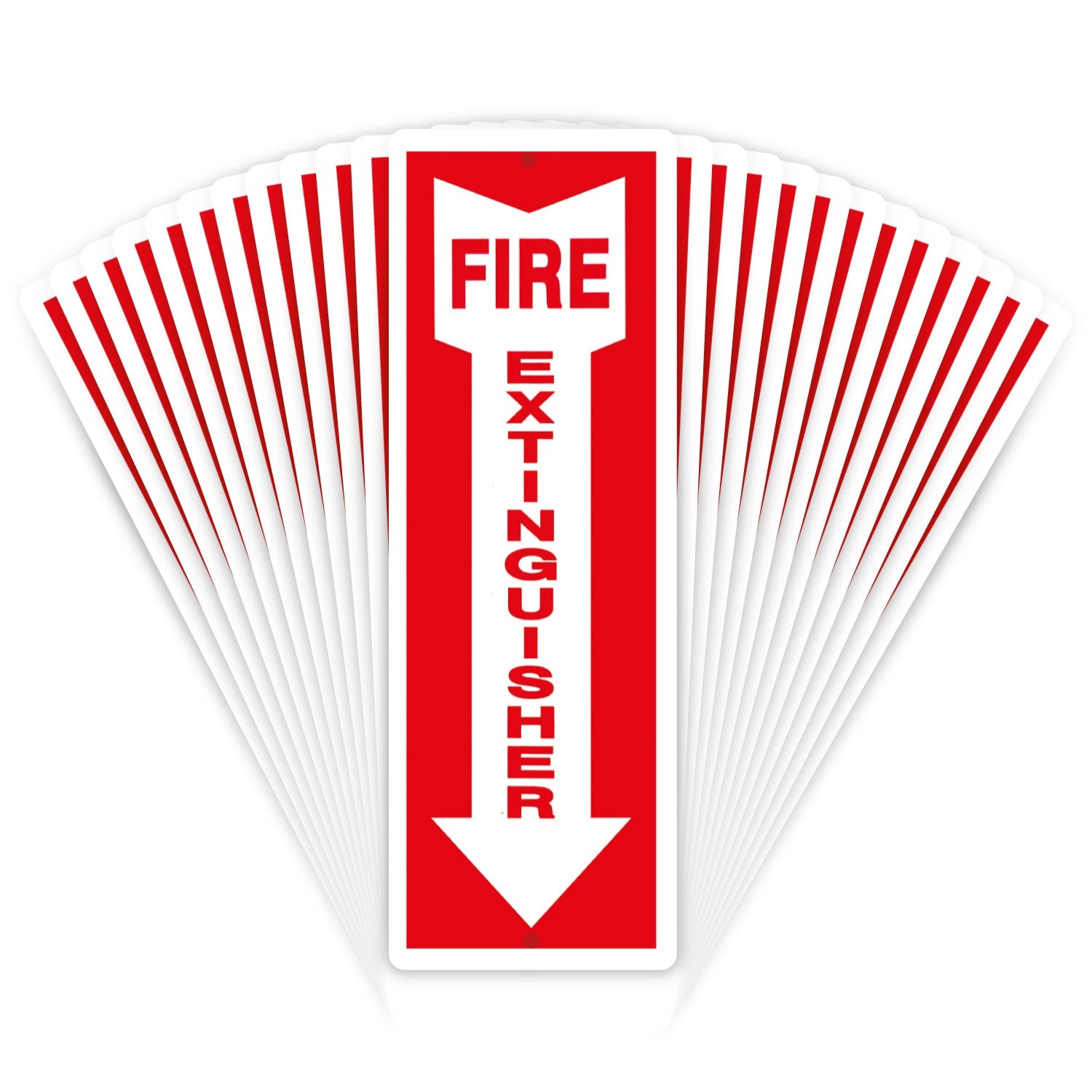 A red and white fire extinguisher sign with a 10.5-inch arrow and clear red 'Fire Extinguisher' text in bold font.